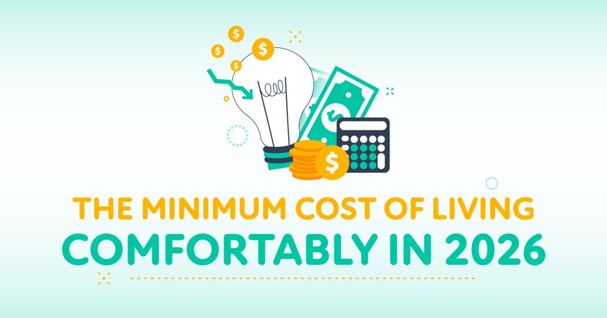 Illustration of a lightbulb, coins, cash, and a calculator above the title "The Minimum Cost of Living Comfortably in 2026."