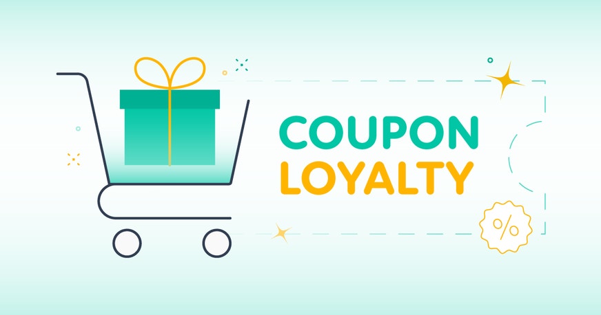 Coupon loyalty concept with shopping cart and gift box illustrating discounts, rewards, and customer savings.