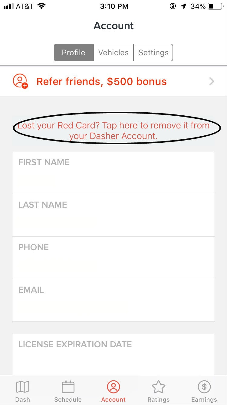 image of link you should click to report a lost red card on the Dasher app on iOS