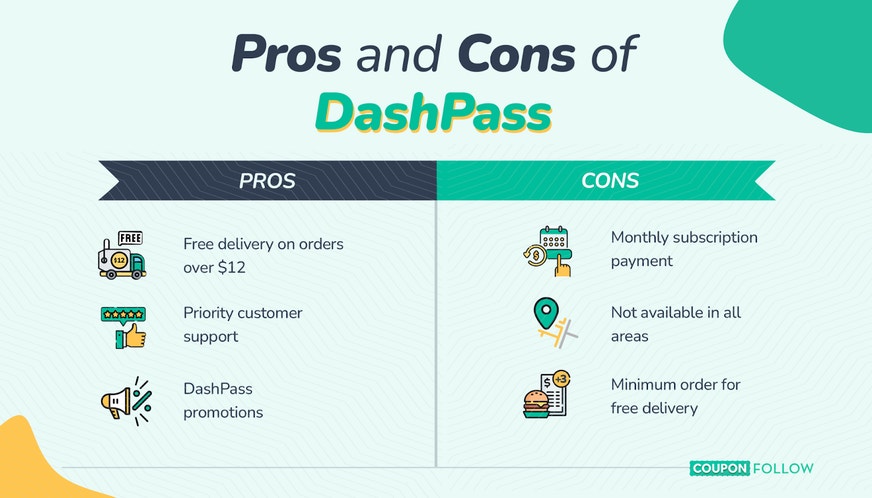 Illustration showing the top pros and cons of using DoorDash DashPass