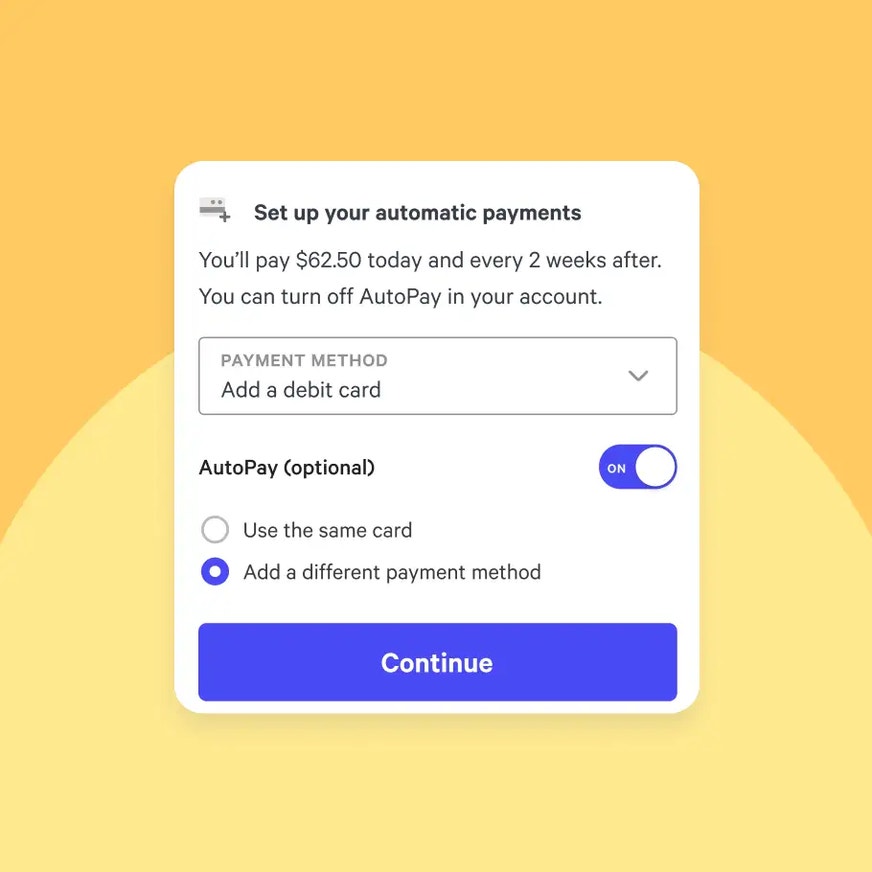 Screenshot of Affirm's payment set up page