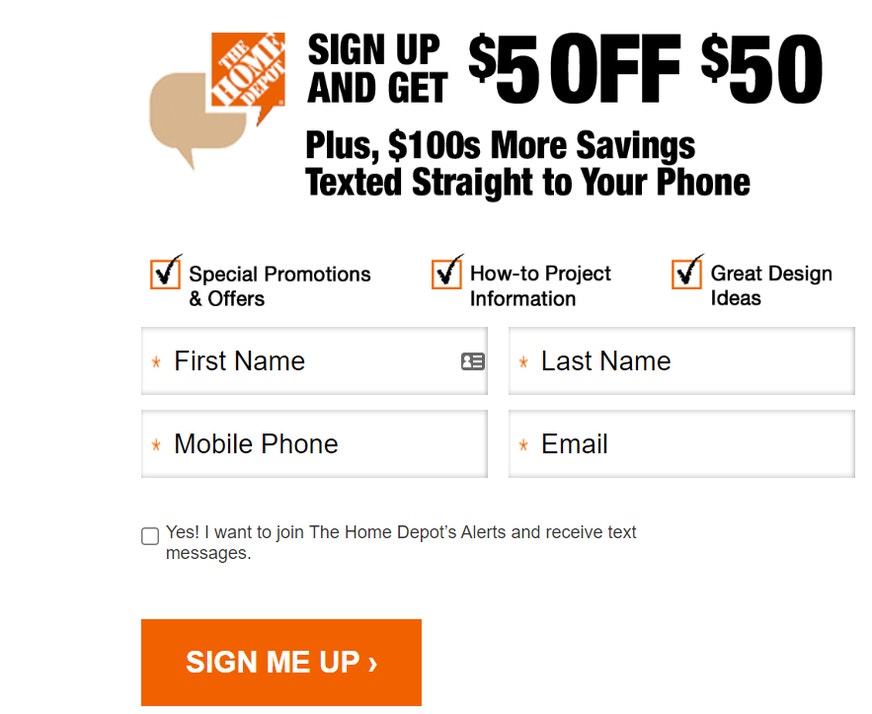 Image showing Home Depot SMS Signup