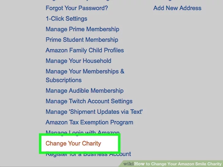 image showing where a user can change their amazonsmile charity on the website