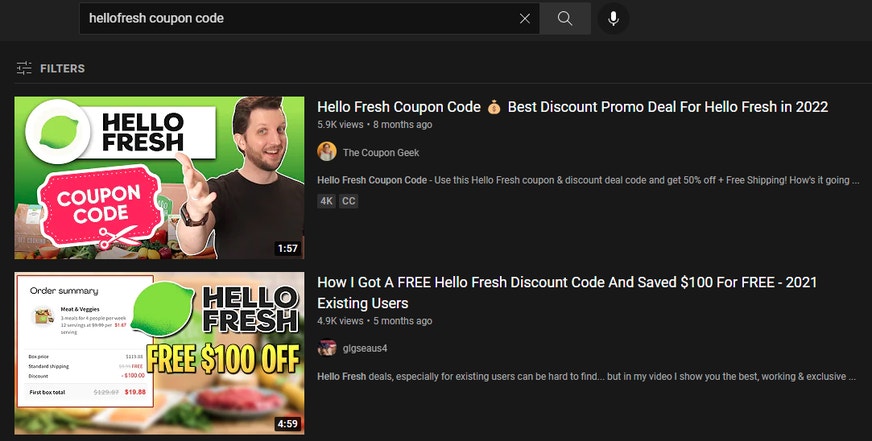  image showing an example of searching for a promo code on youtube