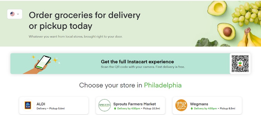 Screenshot of Instacart partner stores in the Philadelphia area