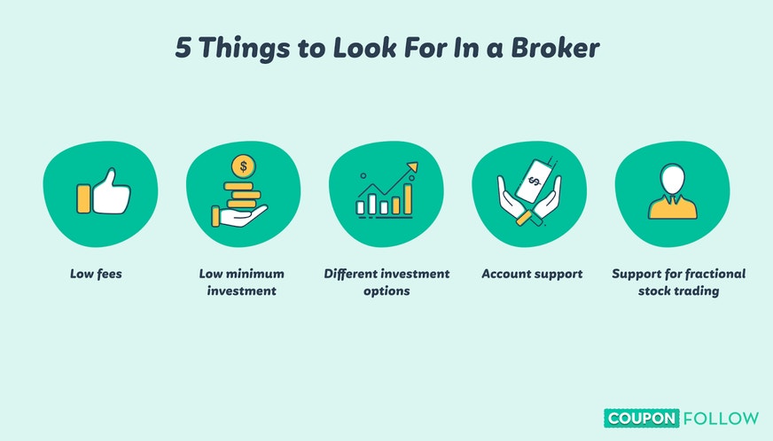List of 5 things to look for in a broker as icons