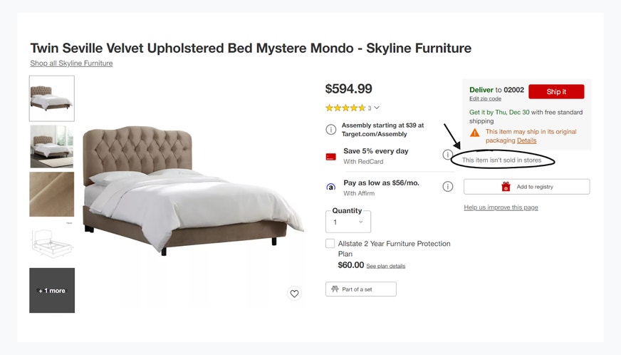 Image of a bed frame from Target that’s only available online.