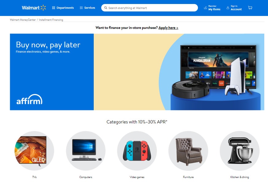 Screenshot of Walmart's BNPL page
