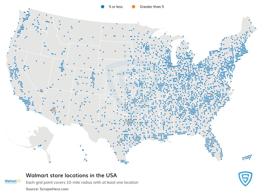 map showing Walmart's shop locations in the US