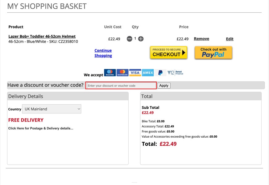 Where to enter a Cyclestore discount code on cyclestore.co.uk