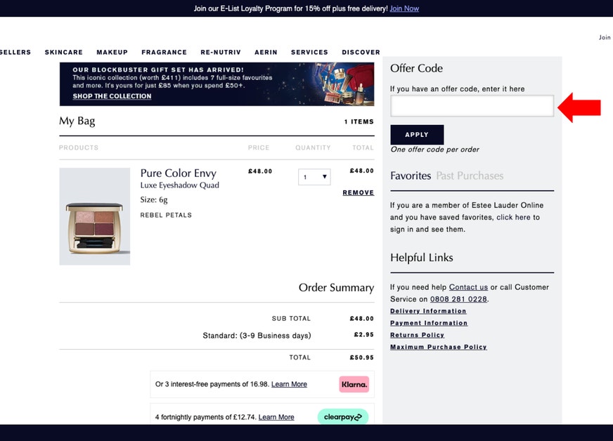 Where to enter an Estee Lauder UK discount code on esteelauder.co.uk