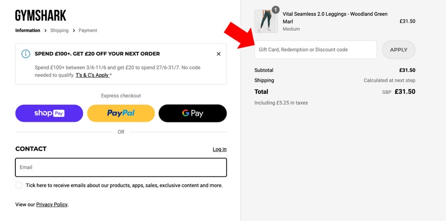 Where to enter a Gymshark UK promo code on gymshark.co.uk