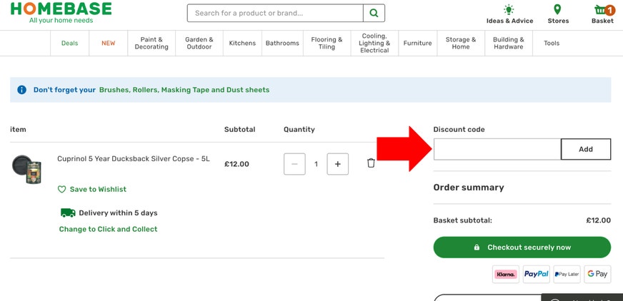 Where to enter a Homebase coupon code on homebase.co.uk