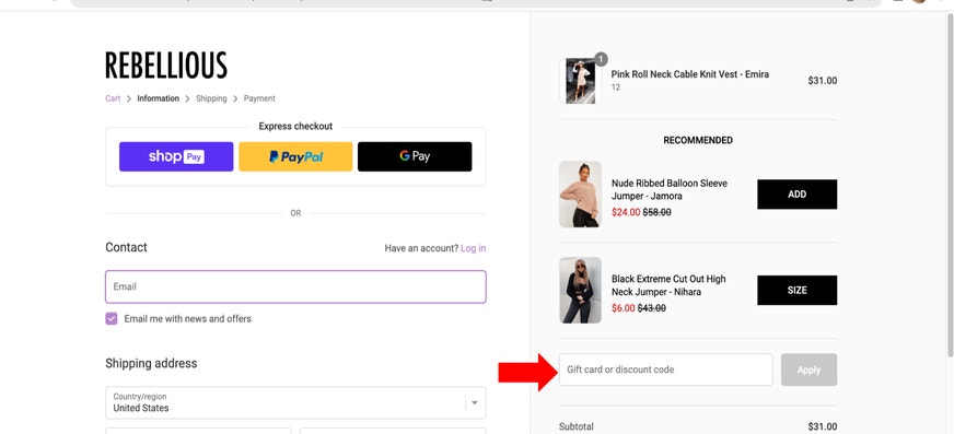 Where to enter a Rebellious Fashion promo code on rebelliousfashion.co.uk