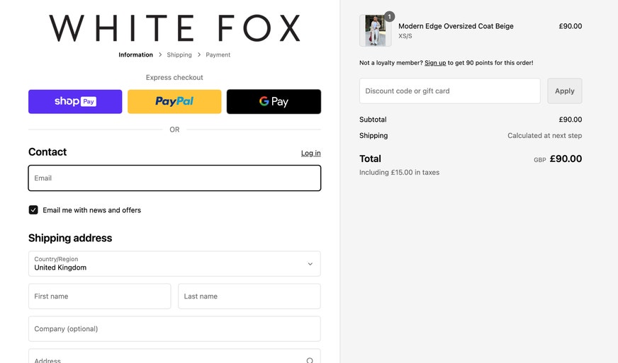 Where to enter a White Fox promo code on whitefoxboutique.co.uk