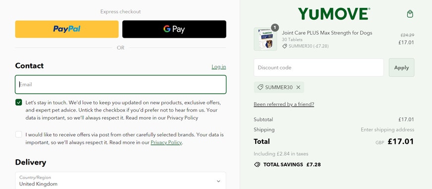 Where to enter a YuMOVE coupon code on yumove.co.uk